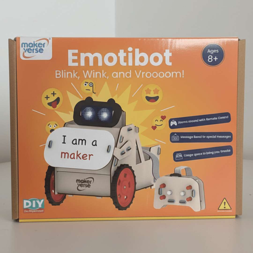 Emotibot toy packaging with robot illustration and text on an orange background