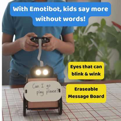 Child playing with a robot toy labeled 'Emotibot' with text about its features.