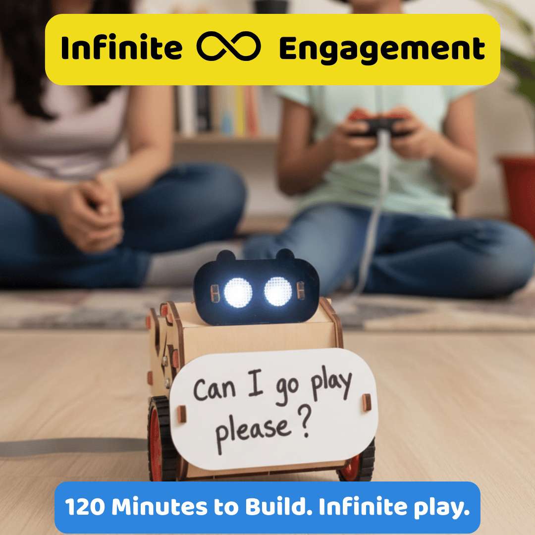 Wooden robot toy with a sign asking 'Can I go play please?' in front of two people sitting on the floor.