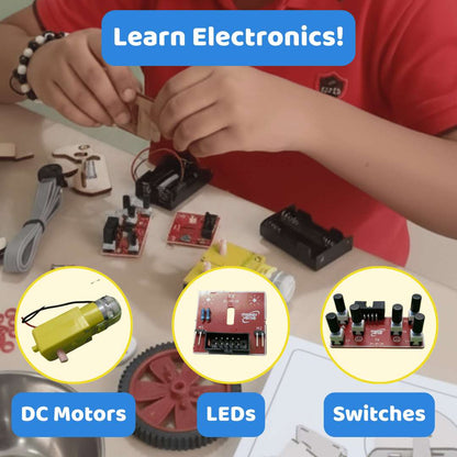 Person working with electronic components on a table, with insets showing DC motors, LEDs, and switches.