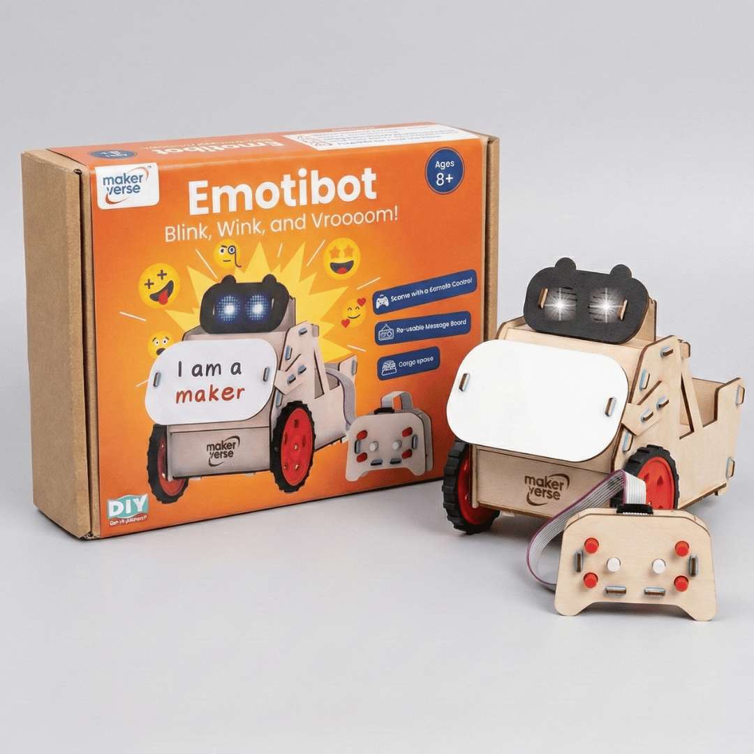 Emotibot toy with 'I am a maker' label next to its packaging on a gray background