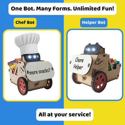 Two robot toys labeled 'Chef Bot' and 'Helper Bot' with text 'One Bot. Many Forms.