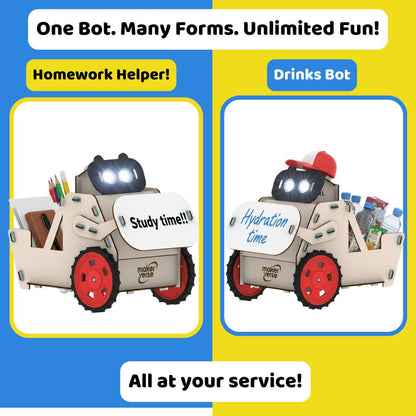 Two robot toys with different functions on a blue and yellow background.