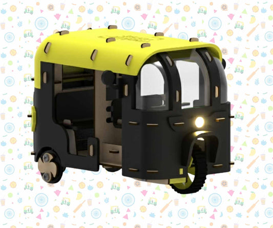 Toy vehicle with yellow top and black body on a colorful background