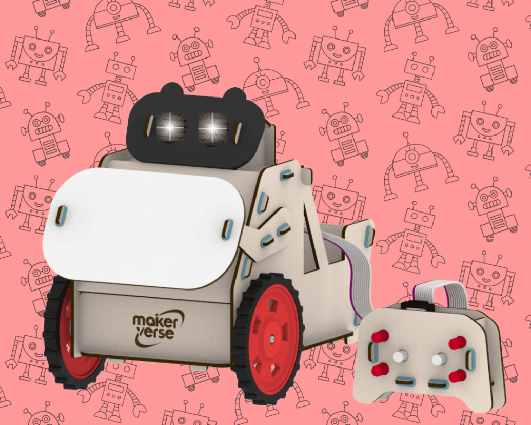 Toy robot with 'maker verse' branding on a pink background with robot pattern