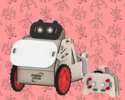 Toy robot with 'maker verse' branding on a pink background with robot pattern